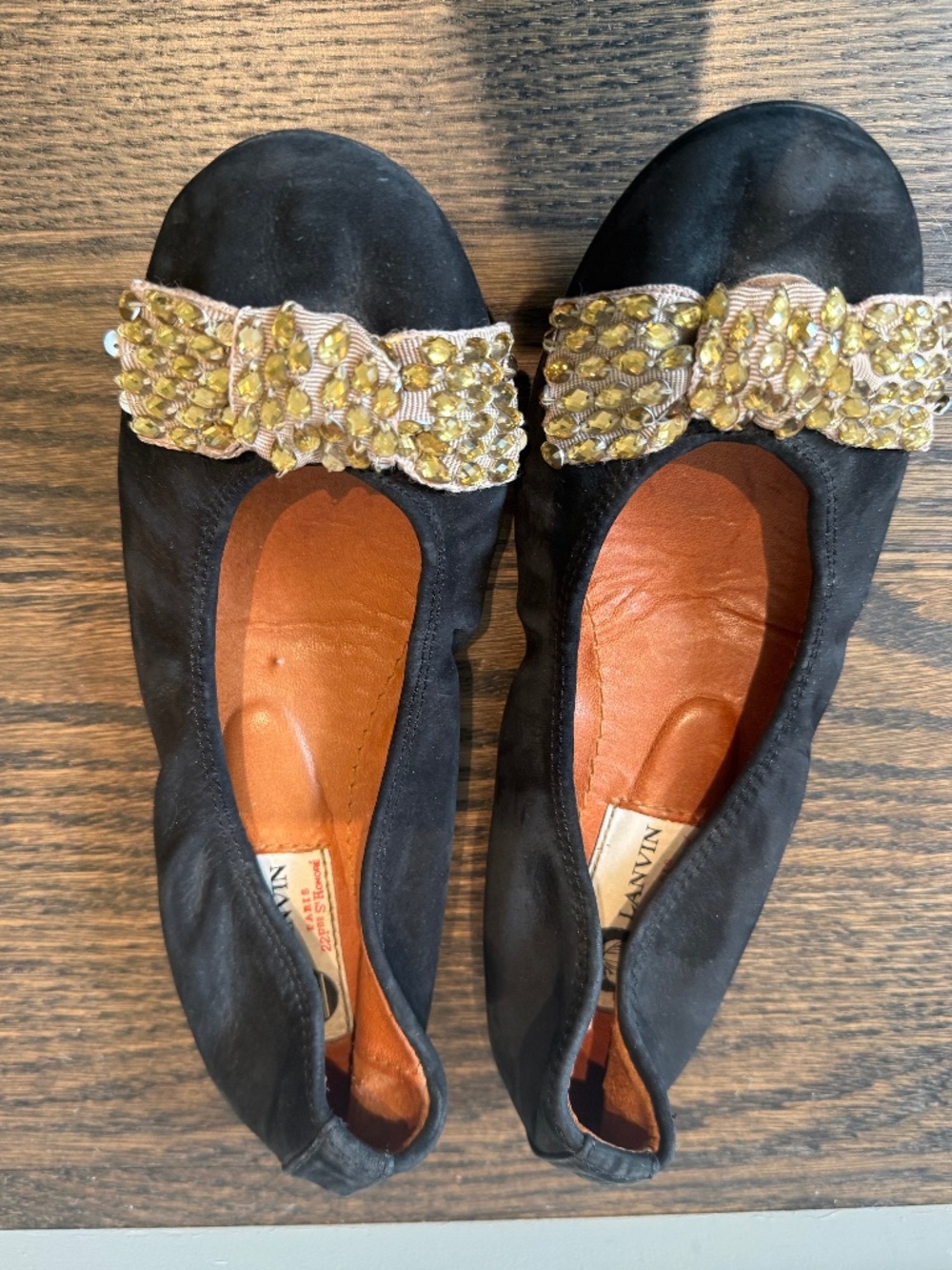 Lanvin Black Suede Leather Ballet Flat with Gold Crystal Bow